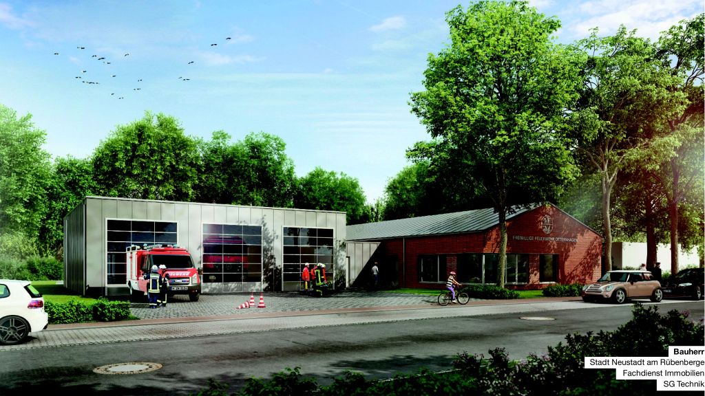 So soll es einmal aussehen: Das neue Feuerwehrgerätehaus Otternhagen. Auf der linken Seite befindet sich die Fahrzeughalle, Rechts daneben das Dienstgebäude mit Betriebs-, Verwaltungs- und Schulungsräumen.